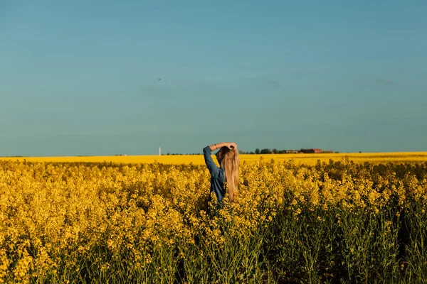 Beautiful Young Woman Standing Rapeseed Field Rapeseed Field Blue Sky — Stock Photo, Image