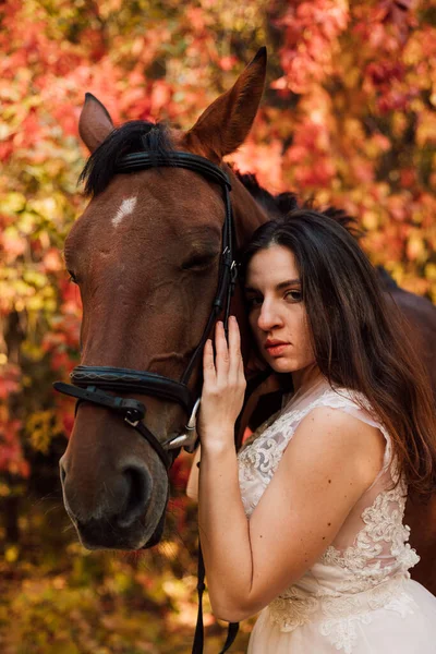 Jestem Piękna Panna Młoda Białej Sukience Przytula Konia Jesienny Ślub — Zdjęcie stockowe