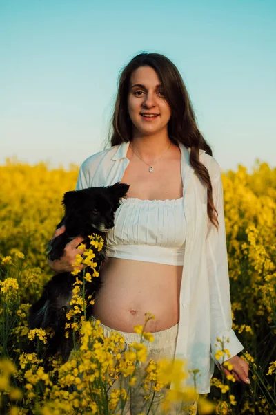 Pregnant Woman Small Black Dog Nature Rapeseed Field High Quality — Stok fotoğraf