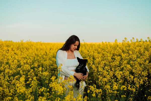 Pregnant Woman Small Black Dog Nature Rapeseed Field High Quality —  Fotos de Stock