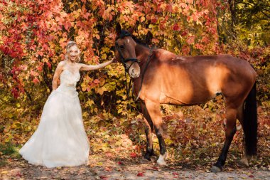 Beyaz uzun elbiseli güzel gelin sonbahar ormanında bir atın yanında duruyor. Doğada düğün. Yüksek kalite fotoğraf