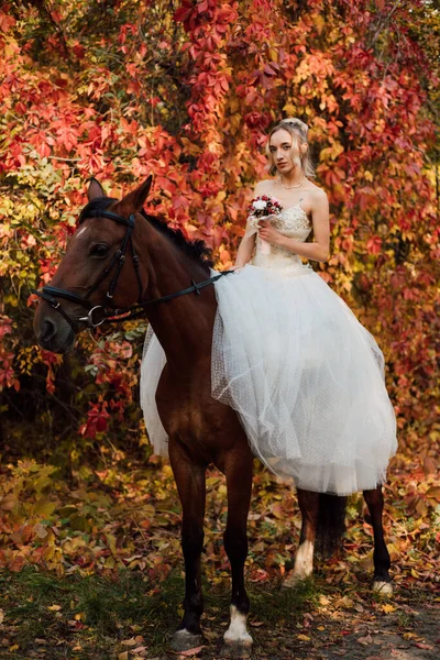 Красивая Невеста Белом Длинном Платье Стоит Рядом Лошадью Осеннем Лесу — стоковое фото
