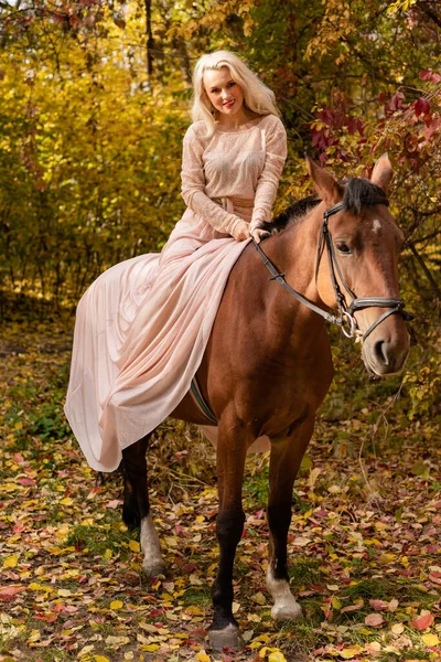 Una Donna Con Vestito Lungo Siede Cavallo Foresta Autunnale Allevamento — Foto Stock