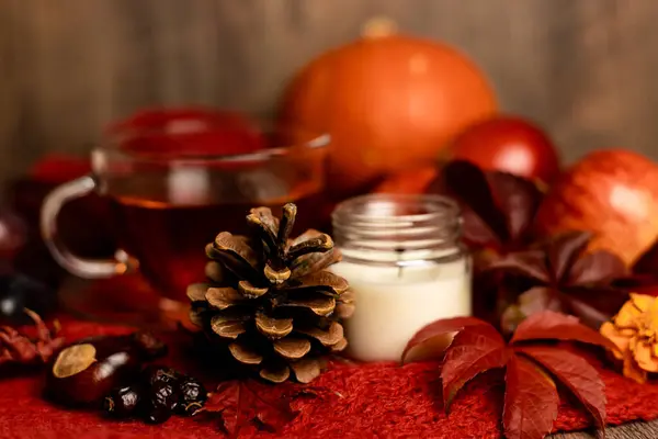 一杯茶 秋天的水果放在桌上 秋夜心情 高质量的照片 — 图库照片