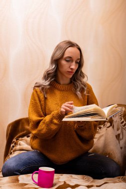 Evdeki kanepede kitap okuyan bir kadın. Merkez ofis. Uzaktan Öğrenme. Yüksek kalite fotoğraf