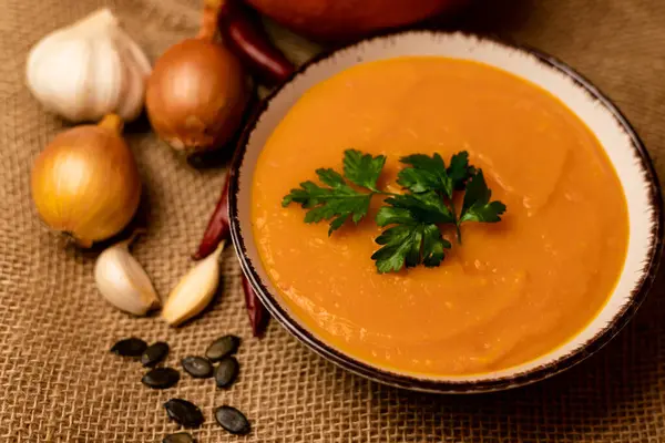 Bowl Pumpkin Soup Vegetables Table Rustic Autumn Food Diet Soup — Stock Photo, Image
