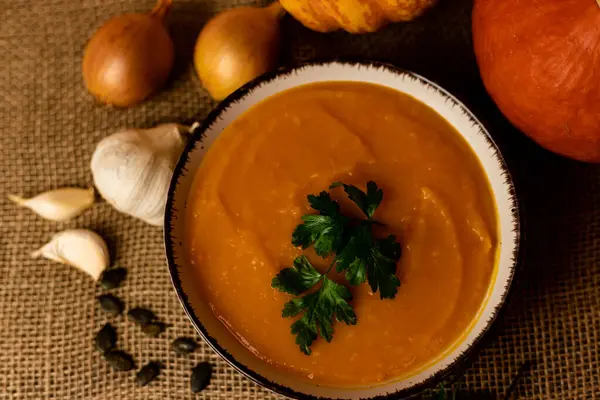 Bowl Pumpkin Soup Vegetables Table Rustic Autumn Food Diet Soup — Stock Photo, Image