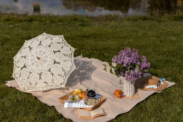 Piknik Przyrodzie Kwiatami Owocami Herbatą Lokalizacja Sesji Zdjęciowej Przyrodzie Wysokiej Zdjęcia Stockowe bez tantiem