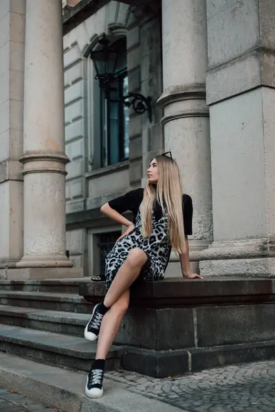 Młoda Atrakcyjna Kobieta Siedząca Schodach Starego Budynku Kolumnami Wysokiej Jakości Obraz Stockowy