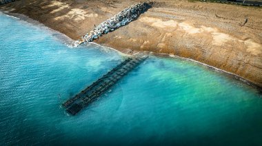 Aerial view of Lancing and Brighton coast blue waters, East Sussex, UK.