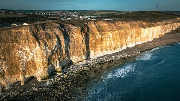 Aerial view of cliff side of Newhaven, East Sussex, UK