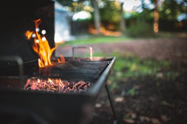 Tatilde bir ormanda ızgaranın altında barbekü yangını..