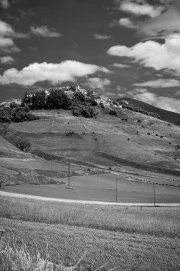 Castelluccio di Norcia platosunun çiçekli siyah beyaz fotoğrafı, ulusal park Sibillini dağları, İtalya 