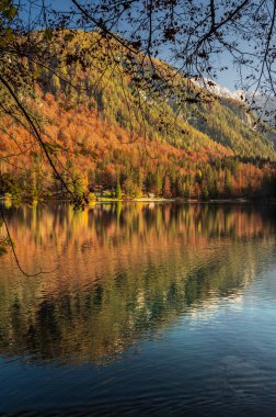 Güz mevsiminde güzel Fusine Gölleri, Friuli Venezia Giulia bölgesi, İtalya