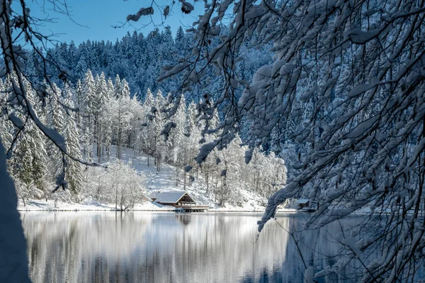 Vacker Vinter Landskap Fusine Sjöar Italien — Stockfoto