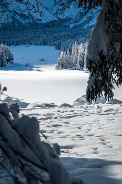 Prachtig Winterlandschap Van Fusine Meren Italië — Stockfoto