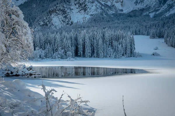 หนาวท สวยงามของทะเลสาบ Fusine ตาล — ภาพถ่ายสต็อก