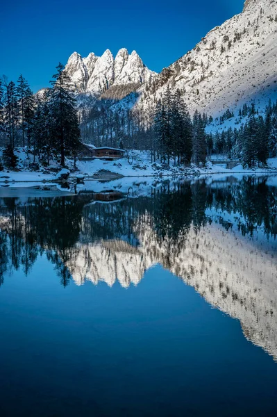 Beautiful Winter View Lake Predil Italy — Stock Photo, Image