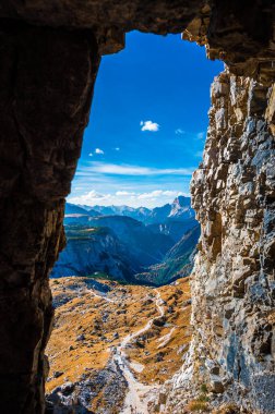 The Tre Cime di Lavaredo also called the Drei Zinnen are three distinctive battlement-like peaks, in the Sexten Dolomites of northeastern Italy.
