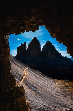 The Tre Cime di Lavaredo also called the Drei Zinnen are three distinctive battlement-like peaks, in the Sexten Dolomites of northeastern Italy.