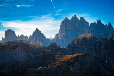 The Tre Cime di Lavaredo also called the Drei Zinnen are three distinctive battlement-like peaks, in the Sexten Dolomites of northeastern Italy.