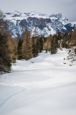 Karlı La Val, Alta Val Badia, Güney Tyrol manzaralı bir sahne. İtalya
