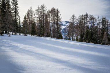 Karlı La Val, Alta Val Badia, Güney Tyrol manzaralı bir sahne. İtalya