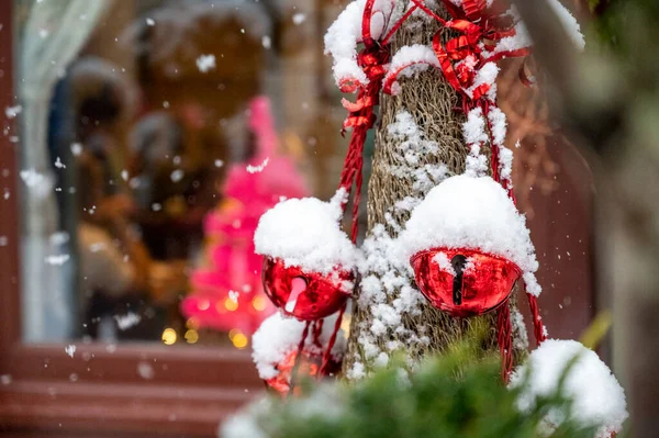 stock image close-up shot of Christmas decor on snow covered city street, San Candido, Italy