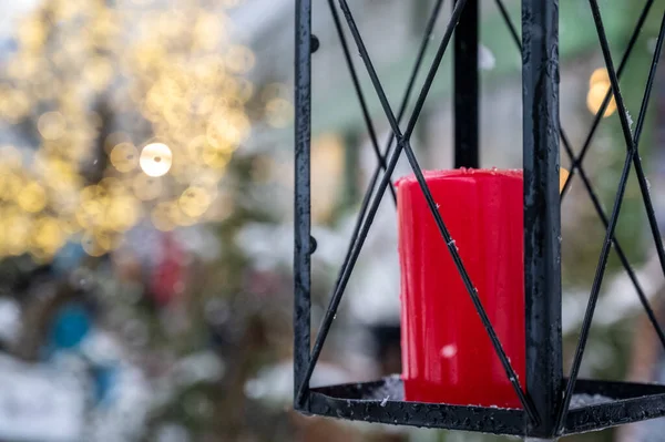 Noel Arkaplanı Için Mum Fenerinin Yakın Plan Çekimi — Stok fotoğraf