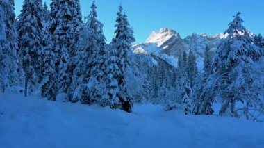 Sappada 'nın karlı manzarası. Dolomitler, İtalya 