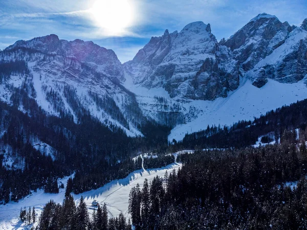 stock image Rio Freddo, Italy, snowy alpine village view from above