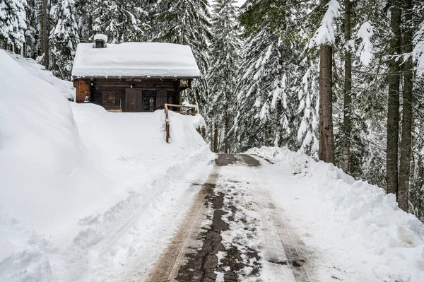 Zima Sauris Sotto Kouzlo Sněhu Starých Dřevěných Domů Itálie — Stock fotografie