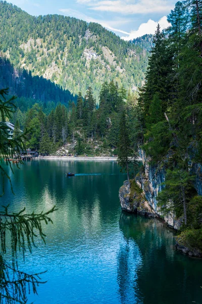Dolomites Braies Lake Boats Emerald Colors Water — Stock Photo, Image