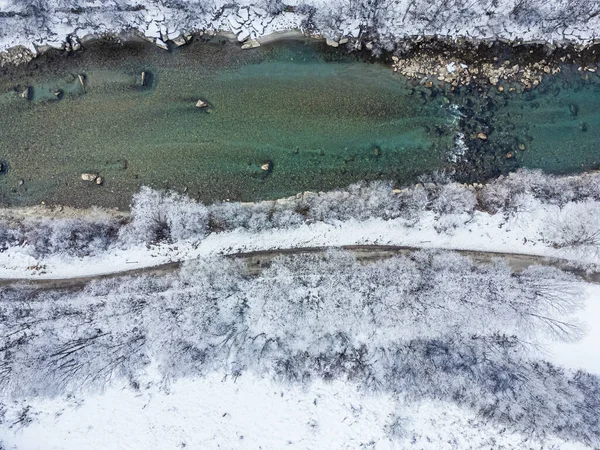 stock image View from above of the mountain river in Valle di Tures valley at winter, South Tyrol, Italy. 