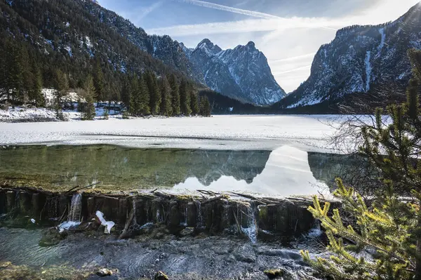 Lake Dobbiaco Treasure Chest Dolomites Winter Atmosphere — Stock Photo, Image