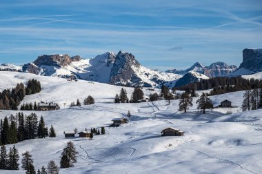 Avrupa 'nın kışın en büyük yüksek irtifa yaylası. Alpe di Siusi 'de kar ve kış atmosferi. Dolomitler.