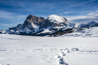 Avrupa 'nın kışın en büyük yüksek irtifa yaylası. Alpe di Siusi 'de kar ve kış atmosferi. Dolomitler.