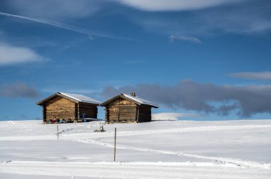 Avrupa 'nın kışın en büyük yüksek irtifa yaylası. Alpe di Siusi 'de kar ve kış atmosferi. Dolomitler.