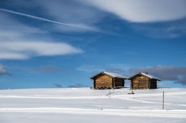 Avrupa 'nın kışın en büyük yüksek irtifa yaylası. Alpe di Siusi 'de kar ve kış atmosferi. Dolomitler.