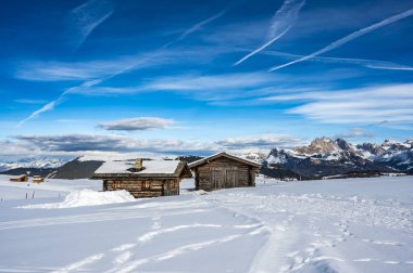 Avrupa 'nın kışın en büyük yüksek irtifa yaylası. Alpe di Siusi 'de kar ve kış atmosferi. Dolomitler.