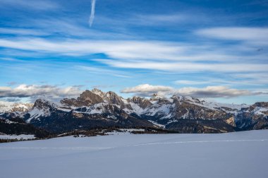 Avrupa 'nın kışın en büyük yüksek irtifa yaylası. Alpe di Siusi 'de kar ve kış atmosferi. Dolomitler.