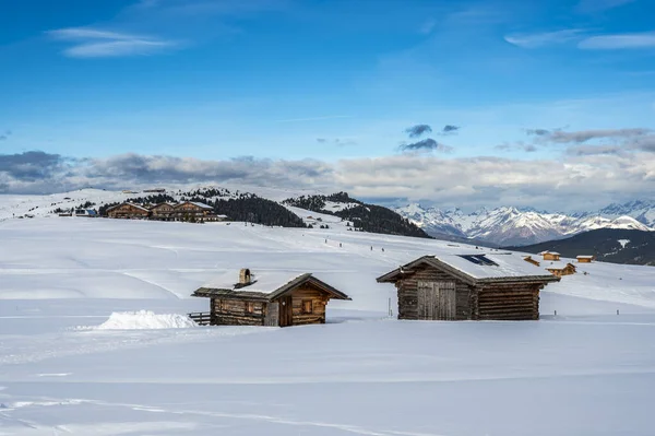 Den Största Högplatån Europa Vintern Snö Och Vinterstämning Alpe Siusi — Stockfoto
