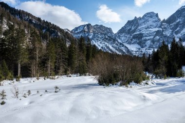 Tarvisio. Kışın Riofreddo Vadisi. Julian Alplerinin eteklerinde