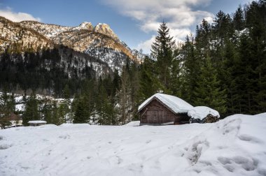 Tarvisio. Kışın Riofreddo Vadisi. Julian Alplerinin eteklerinde