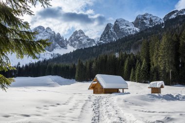 Tarvisio. Kışın Riofreddo Vadisi. Julian Alplerinin eteklerinde