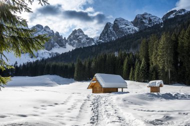 Tarvisio. Kışın Riofreddo Vadisi. Julian Alplerinin eteklerinde