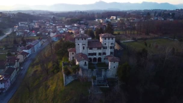 Zonsondergang Boven Het Oude Landhuis Van Cassacco Friuli Van Bovenaf — Stockvideo