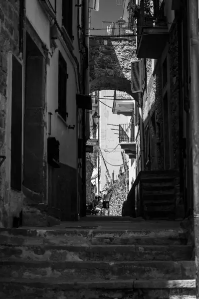 Menschen Auf Der Alten Stadtstraße Mit Wunderschöner Architektur Cinque Terre Stockbild