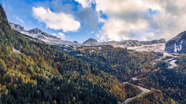 Sella Nevea 'da büyülü sonbahar ağaçları. Canin Dağı ve Montasio Dağı 'nın eteklerinde. Julian Alpleri