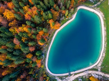 Sella Nevea 'da sonbahar ağaçları olan sihirli bir göl. Canin Dağı ve Montasio Dağı 'nın eteklerinde. Julian Alpleri